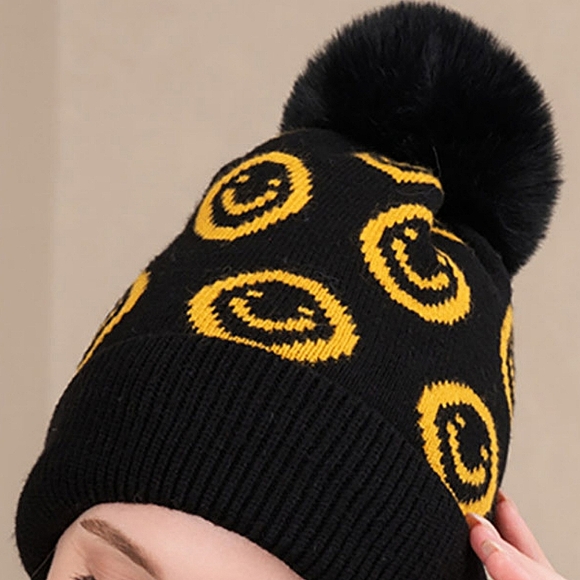 Black Fur Pom Pom Style Smile Winter Beanie Hat Fashion Statement Accessories - Picture 2 of 2